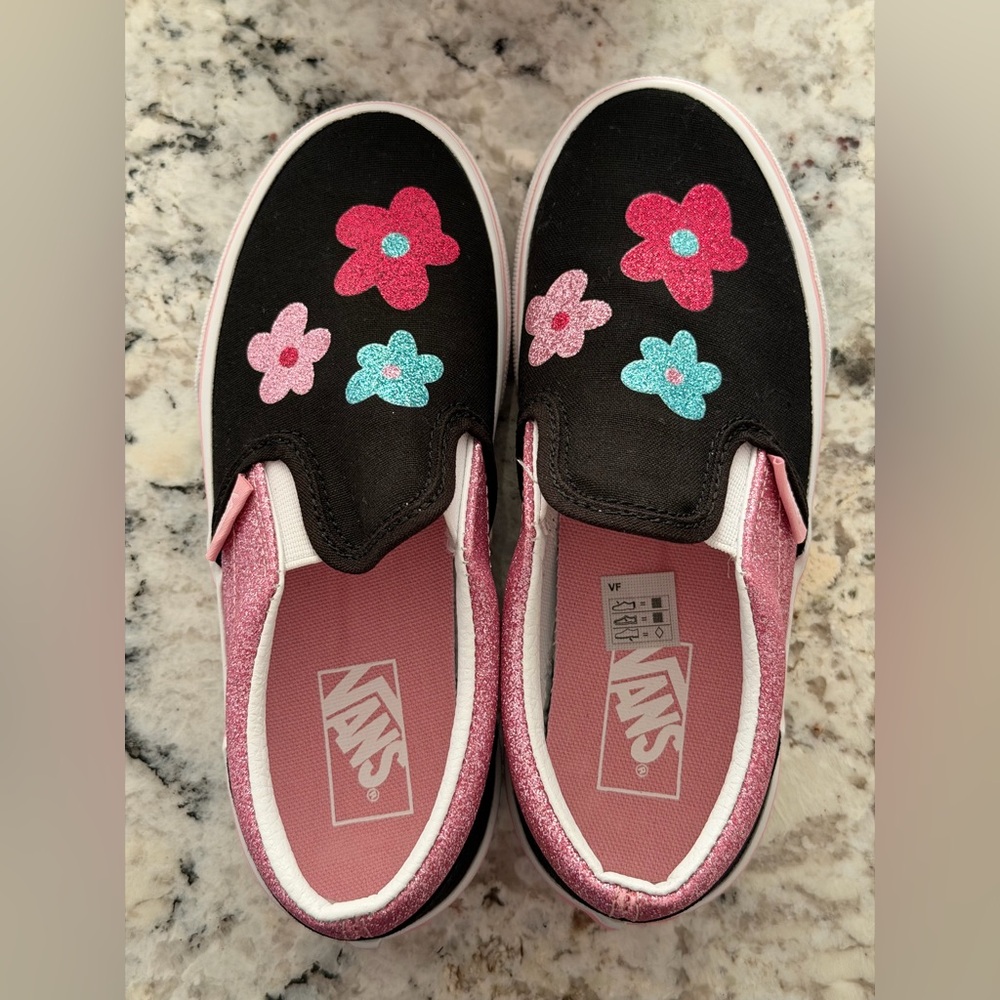 Vans Kids' Black and Pink Floral Slip-On Sneakers